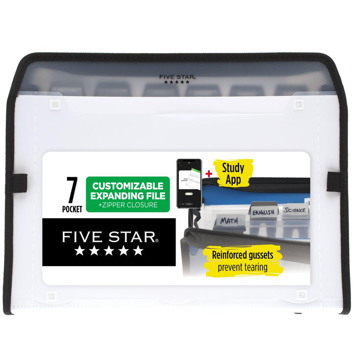 Five Star 7 Pocket Expanding File Organizer + Study App, Plastic Expandable File Folders with Customizable Tabs & Clear Cover, Holds 11" x 8-1/2", Zipper Closure, White (72508)