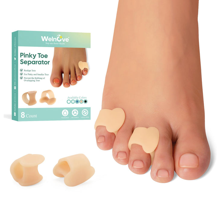 Welnove Gel Toe Separator - 8 Pack Pinky Toe Spacers - Little Toe Cushions, Small Toe Sleeves for Preventing Rubbing & Reducing Pressure (Beige)