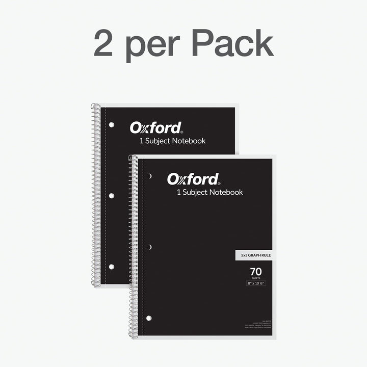 Oxford Spiral Notebook 2 Pack, 1 Subject, 5 x 5 Graph Paper, 8-1/2 x 10-1/2 Inches, Black Covers, 70 Perforated Sheets (65214)