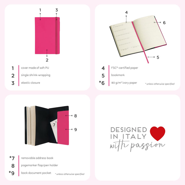 Legami - Medium Daily Diary, 12 Months, from January 2024 to December 2024, Elastic Closure, Monthly Planner January 2025, Final Pocket, Removable Address Book, 12 x 18 cm, Bougainvillea Colour