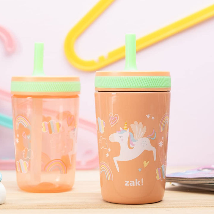 Zak Designs Unicorn Kelso Tumbler Set, Leak-Proof Screw-On Lid with Straw, Bundle for Kids Includes Plastic and Stainless Steel Cups with Bonus Sipper, 3pc Set, Non-BPA, 15 fl.oz. Classic