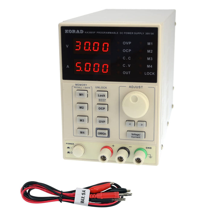 KA3005P - Programmable Precision Variable Adjustable 30V, 5A DC Linear Power Supply Digital Regulated Lab Grade… & Elenco Banana to Banana Test Lead Set - TL-18 Precision Variable + Test Lead Set