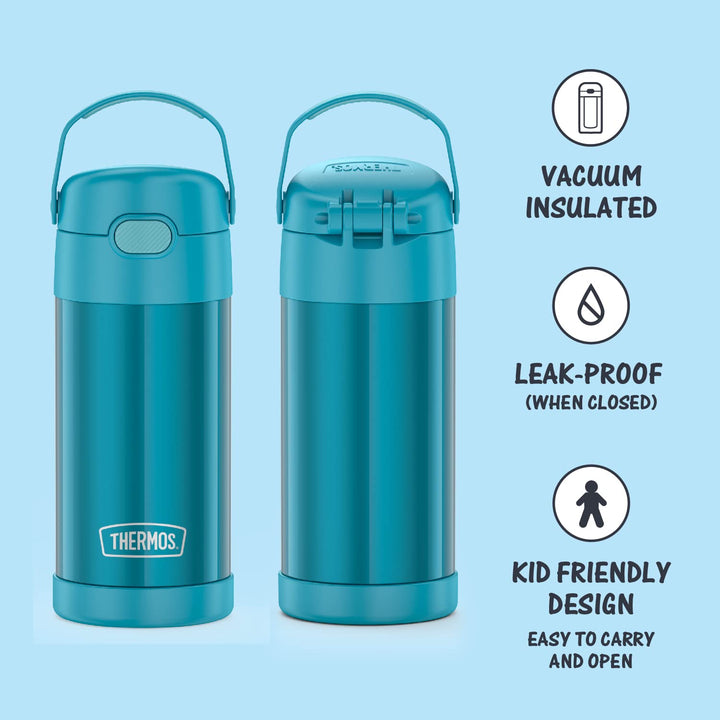 THERMOS FUNTAINER 12 Ounce Stainless Steel Vacuum Insulated Kids Straw Bottle, Teal