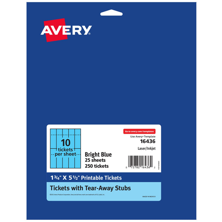 Avery Printable Tickets, Bright Blue Colored Cardstock, 1.75" x 5.5", Laser/Inkjet, 250 Tickets (16436) 1.75 x 5.5