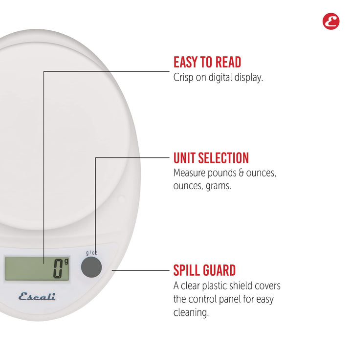 Escali Primo Digital Food Scale Multi-Functional Kitchen Scale and Baking Scale for Precise Weight Measuring and Portion Control, 8.5 x 6 x 1.5 inches, White