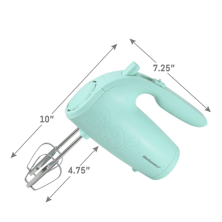 Elite Gourmet EHM003M Maxi-Matic Ultra Power Electric 5-Speed Kitchen Hand Mixer with 2 Extra Wide Stainless Steel Smooth Creamy Whipped Mixtures Plus Convenient, Beater Storage, Mint Blue 150 Watts Immersion Blenders