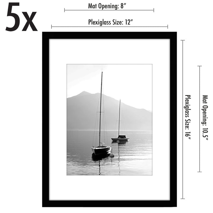 Americanflat 12x16 Picture Frame with Polished Plexiglass - Set of 5 - Use as 8.5x11 Frame with Mat or 12x16 Frame Without Mat - Galleria Collection - Gallery Wall Frame Set for Wall Display - White