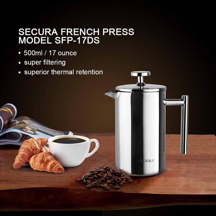 Secura French Press Coffee Maker, 304 Grade Stainless Steel Insulated Coffee Press with 2 Extra Screens, 34oz (1 Litre), Coffee 34 oz