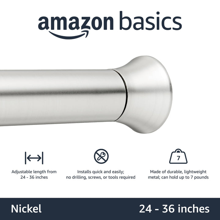 Basics Tension Curtain Rod, Adjustable 24-36" Width - Nickel, Classic Finial, 7 pound weight capacity 24-36" Indoor