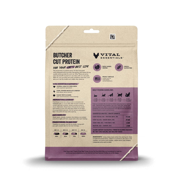 Vital Essentials Freeze Dried Raw Cat Food, Turkey Mini Nibs Entree, 12 oz