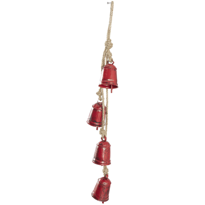 Deco 79 Gold Metal Tibetan Inspired String Hanging Decorative Bells with Jute Hanging Rope 4" x 8" x 52" - Cone 52" x 4" x 8"