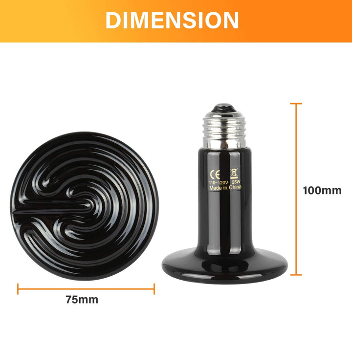 Simple Deluxe 25W/40W/50W/60W/100W/150W Ceramic Heat Emitter Reptile Heat Lamp Bulb No Light Emitting Brooder Coop Heater for Amphibian Pet & Incubating Chicken, Black/2-Pack, 25W 25 Watts