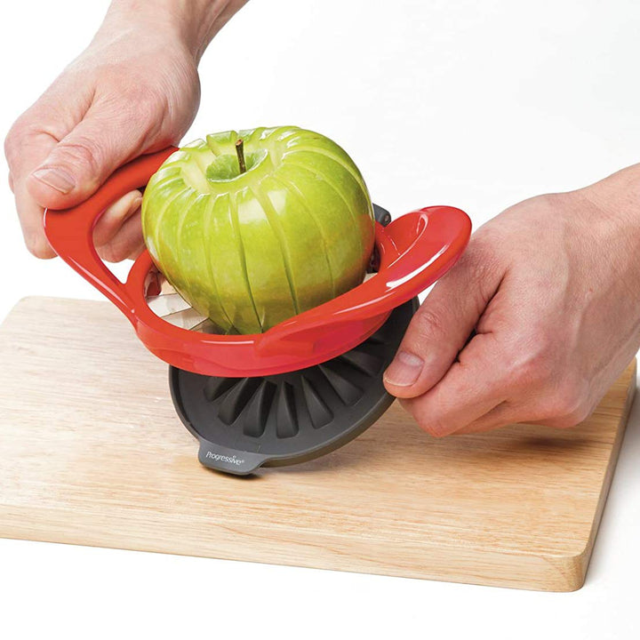 PrepWorks by Progressive Dishwasher Safe 16-Slice Thin Apple Slicer and Corer with Attached Safety Cover red and gray