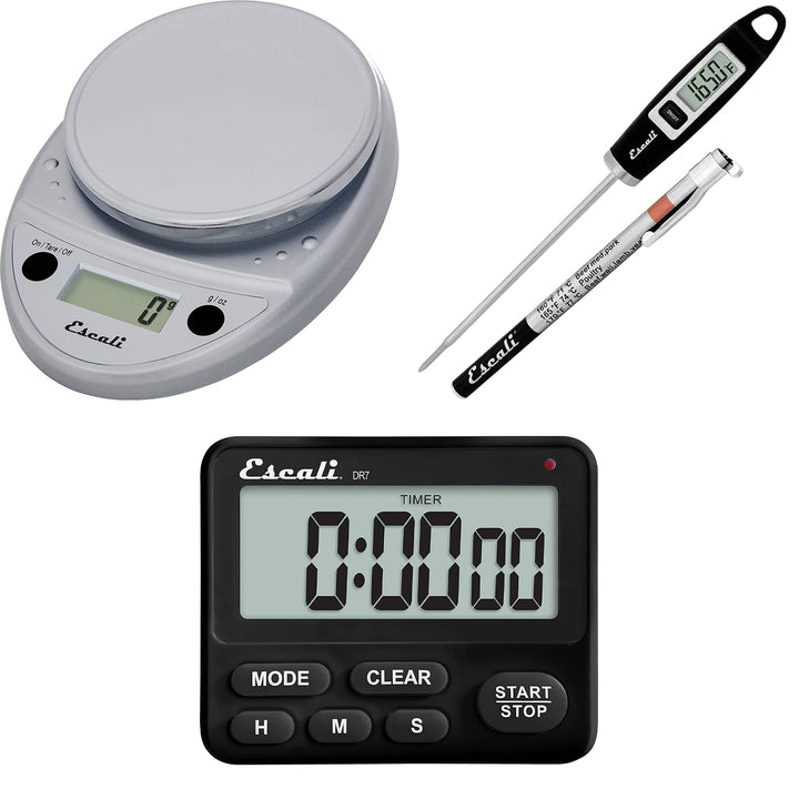 Escali Primo Bakers Bundle - P115C Digital Kitchen Scale, Chrome, 11 Pound Capacity, DH1 Digital Thermometer, Black, and DR7 Digital Timer for Cooking and Baking T&T Bundle Weigh Scale