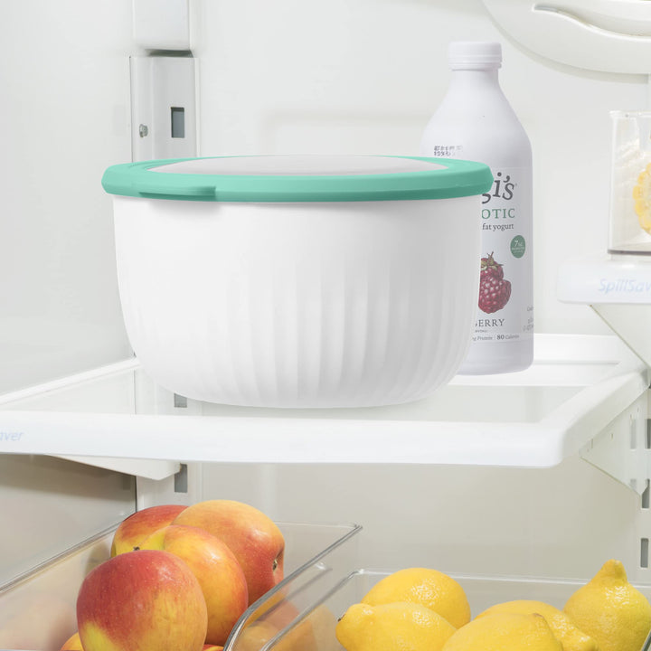 Oggi Prep, Store & Serve Plastic Bowl w/See-Thru Lid- Dishwasher, Microwave & Freezer Safe, (2.6 qt) White/Aqua 2.6 Quart Serve Bowl