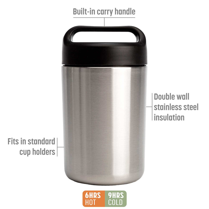 Goodful Vacuum Sealed Insulated Food Jar with Handle Lid, Stainless Steel Thermos, Lunch Container, 16 Oz, Stainless Steel