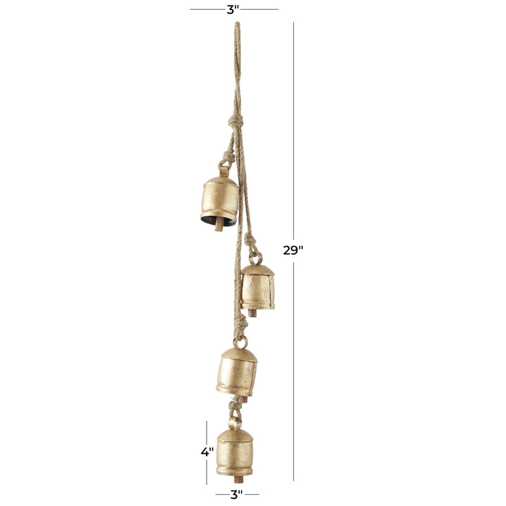 Deco 79 Gold Metal Tibetan Inspired String Hanging Decorative Bells with Jute Hanging Rope 4" x 8" x 52" - Cone 52" x 4" x 8"