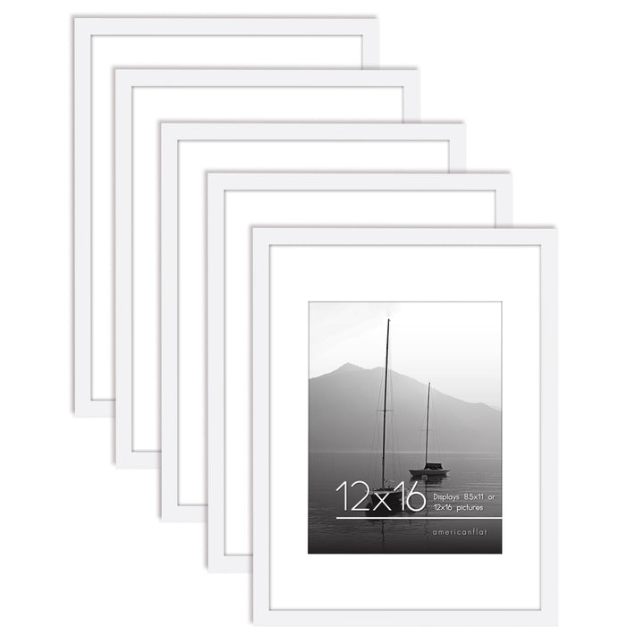 Americanflat 12x16 Picture Frame with Polished Plexiglass - Set of 5 - Use as 8.5x11 Frame with Mat or 12x16 Frame Without Mat - Galleria Collection - Gallery Wall Frame Set for Wall Display - White