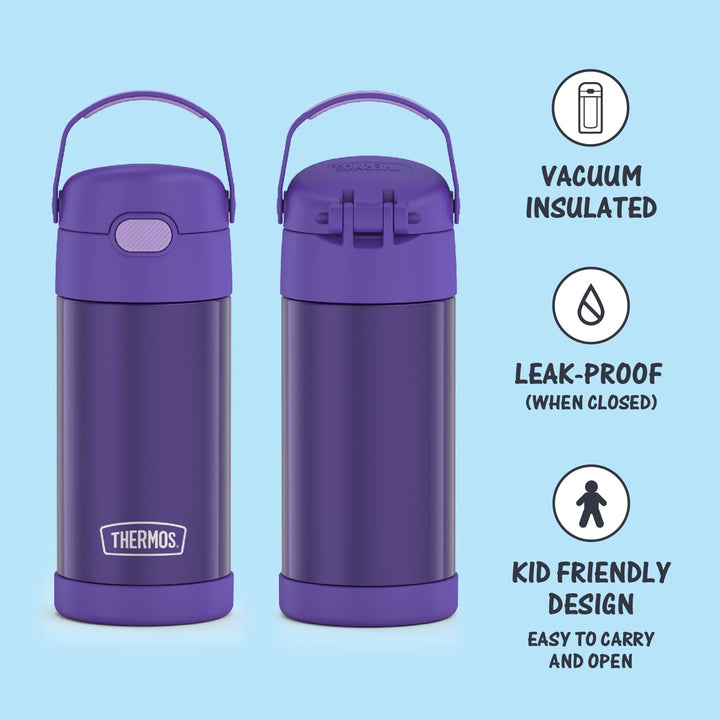 THERMOS FUNTAINER Water Bottle with Straw - 12 Ounce, Violet - Kids Stainless Steel Vacuum Insulated Water Bottle with Lid FUNTAINER 12 Ounce Bottle