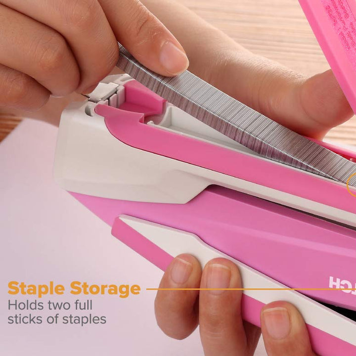 Bostitch Office InPower Spring-Powered Desktop Stapler, 20 Sheet Capacity, One Finger Stapling, Includes 210 Staples, Jam Free, Opens for Tacking, Breast Cancer Awareness Pink