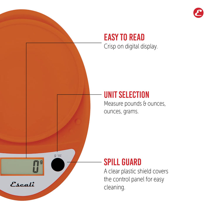 Escali Primo Digital Food Scale Multi-Functional Kitchen Scale and Baking Scale for Precise Weight Measuring and Portion Control, 8.5 x 6 x 1.5 inches, Pumpkin Orange