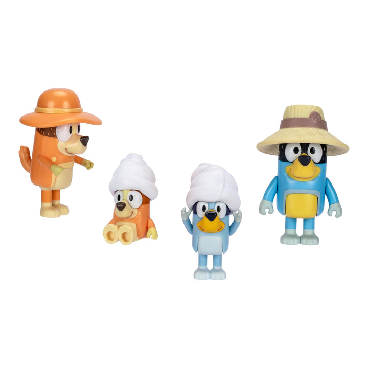 Bluey Figure 4-Packs, Family Trip, 2.5 Inch Poseable Figures of Bluey, Bingo, Bandit and Chilli, with Accessories, Kids Can Recreate Their Favorite Moments from The Bluey TV Show