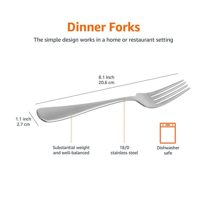 Basics Stainless Steel Dinner Forks with Round Edge, Pack of 12, Silver