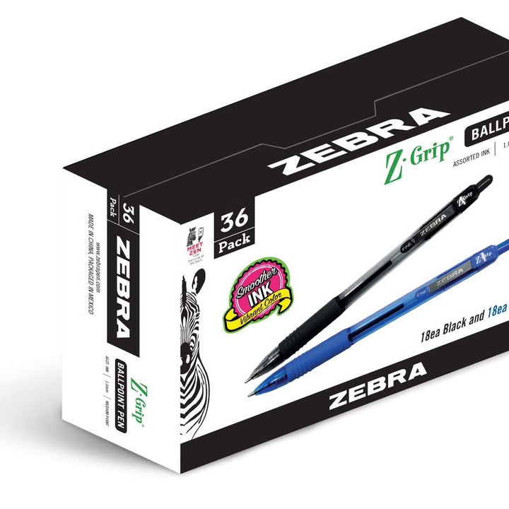 Zebra Pen Z-Grip Retractable Ballpoint Pen, Medium Point, 1.0mm, Blue and Black Ink, 36-Pack