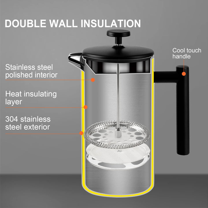 Secura French Press Coffee Maker, 304 Grade Stainless Steel Insulated Coffee Press with 2 Extra Screens, 34oz (1 Litre), Coffee 34 oz