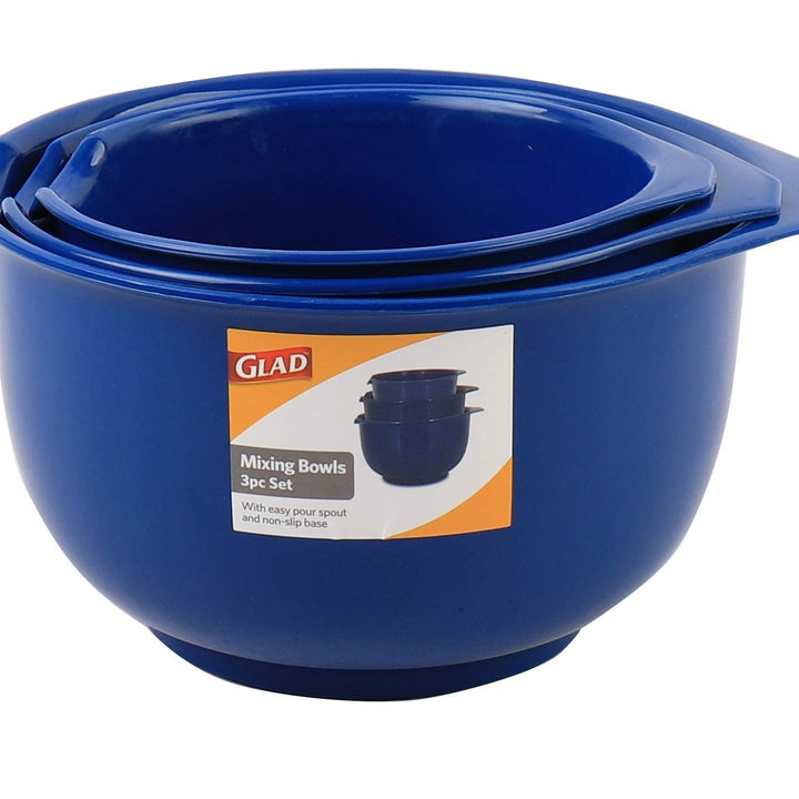 GLAD LAD Mixing Bowls with Pour Spout| Nesting Design Saves Space | Non-Slip, BPA Free, Dishwasher Safe Plastic | Kitchen Cooking and Baking Supplies, Blue, 3 Count (Pack of 1)