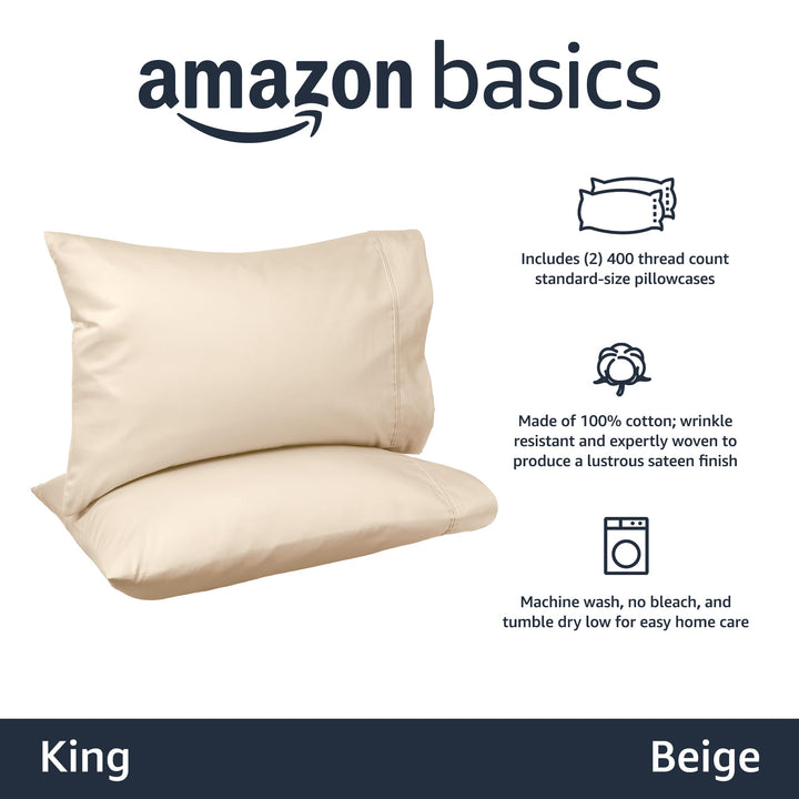 Basics 400 Thread Count Cotton Pillow Case, King, Set of 2, Beige, 40" L x 20" W, Pillows Not Included