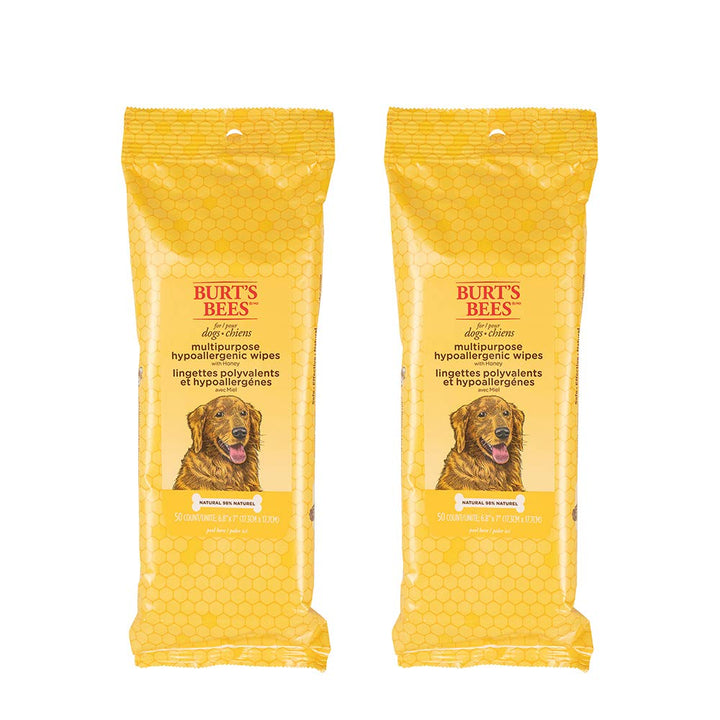 Burt's Bees for Pets Natural Multipurpose Dog Grooming Wipes | Puppy & Dog Wipes for All Purpose Cleaning | pH Balanced for Dogs - Made in USA, 50 Count Pet Wipes - 2 Pack