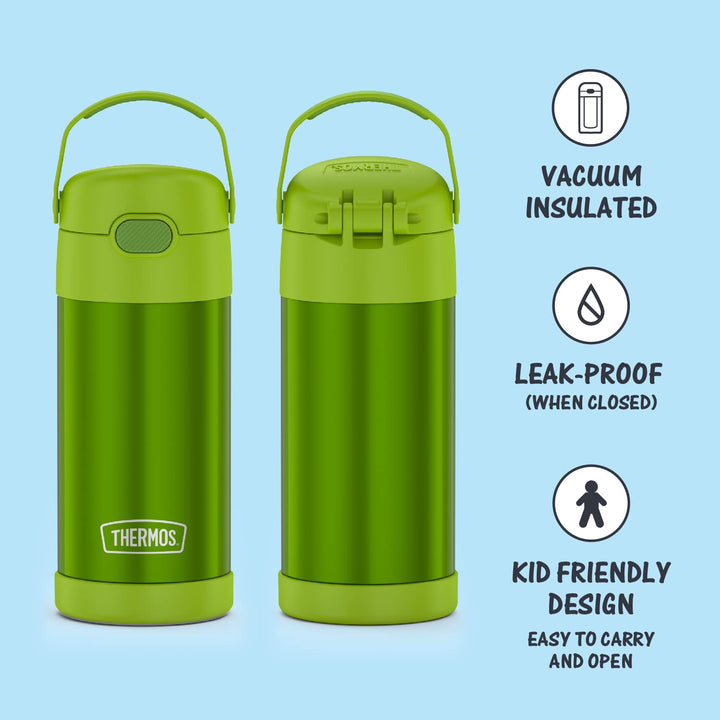 THERMOS FUNTAINER Water Bottle with Straw - 12 Ounce, Lime - Kids Stainless Steel Vacuum Insulated Water Bottle with Lid FUNTAINER 12 Ounce Bottle