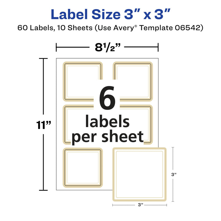 Avery Matte White Labels with Metallic Gold Borders, 3" x 3" Square Labels, 60 Total, Laser/Inkjet Printable Labels (6542) 3" x 3" 60 labels White/Gold