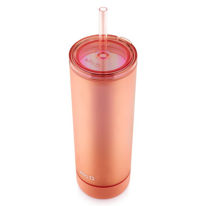 Ello Monterey Double Walled Insulated Plastic Tumbler with Straw and Built-in Coaster, BPA Free, 24oz Flamingo