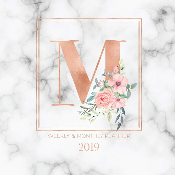 Weekly & Monthly Planner 2019: Rose Gold Monogram Letter M Marble with Pink Flowers (7.5 x 9.25”) Vertical at a glance Personalized Planner for Women Moms Girls and School