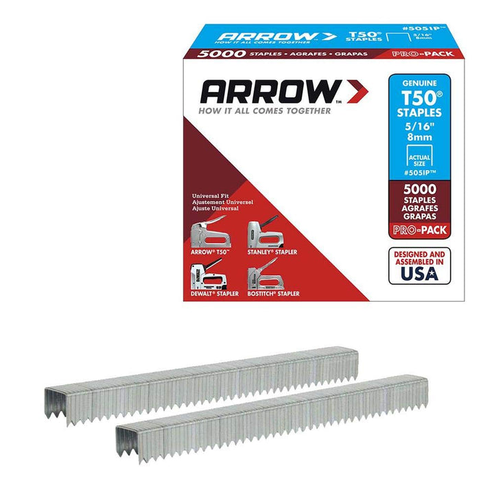 Arrow Fastener 505IP Heavy Duty T50 Staples for Upholstery, Construction, Furniture, Crafts, 3/8-Inch Crown Size, 5/16-Inch Leg Length, 5000-Pack