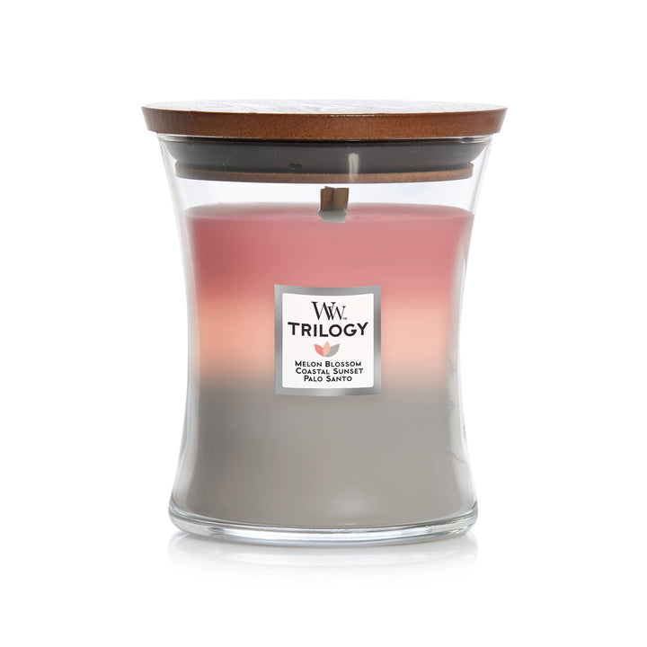 Woodwick Ellipse Scented Candle, Coastal Sunset, 16oz | Up to 50 Hours Burn Time & Shoreline Medium Hourglass Trilogy Candle, 9.7 oz. ELLIPSE + Trilogy Candle