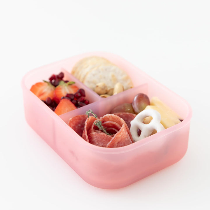 Bumkins Snack/Lunch Bento Box for Kids and Adults, 3 Compartment Container, Leak Proof Lid, for Portioning, Large Section Can Hold Sandwich, Food-Safe LFGB Platinum Silicone, Microwave-Safe, Pink Pink Jelly