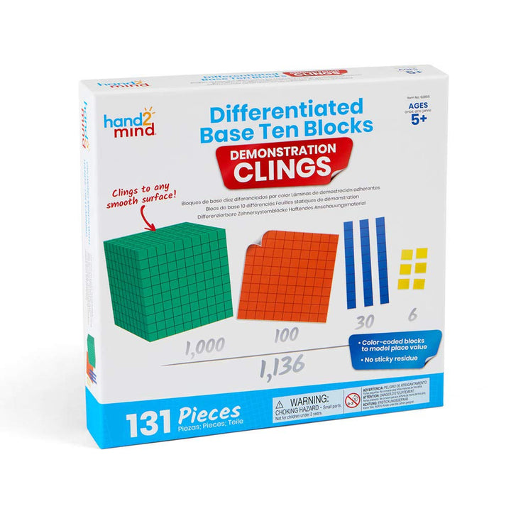 hand2mind Differentiated Base Ten Blocks Clings for Teachers, Flat Demonstration Base Ten Clings, Learn Place Value, Number Concepts, and Counting, Homeschool Supplies (131 Pieces)