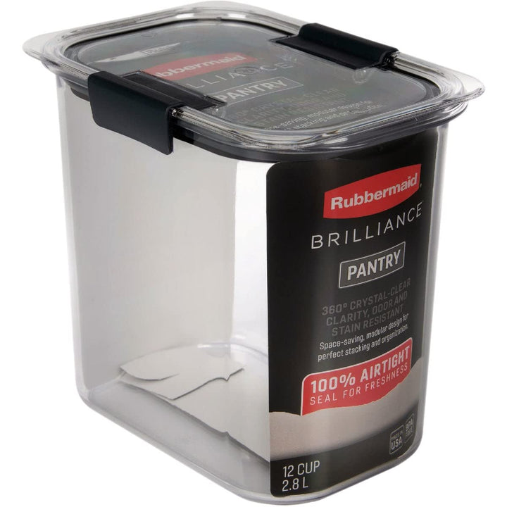 Rubbermaid Brilliance Airtight Food Storage Container for Pantry with Lid for Flour, Sugar, and Rice, 12-Cup, Clear/Grey