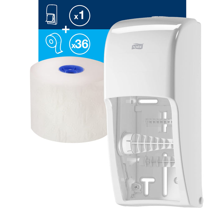 Tork Twin Toilet Paper Roll Dispenser, White - T26 + Refill - Toilet Paper Roll (36 x 1000 sheets), Advanced, White Bundle