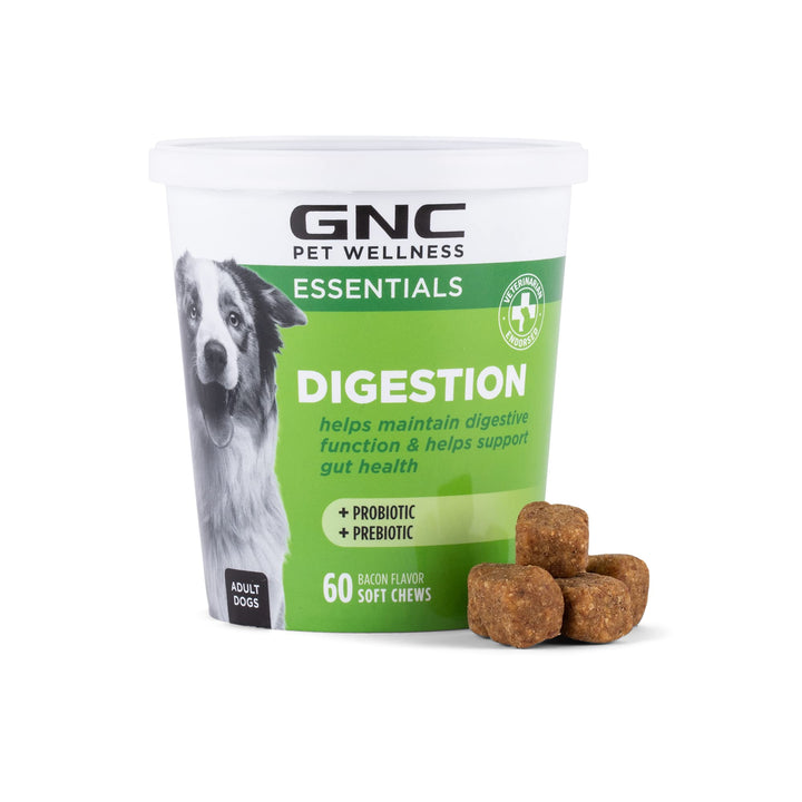 GNC Pets Essentials Digestion Supplements for All Dogs 60ct 2.2g Soft Chews Bacon Flavor 12oz Reusable Container | Daily Supplements for Dogs Digestion (FF15595) 60 Count (Pack of 1)