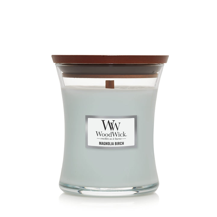 WoodWick Medium Hourglass Candle, Magnolia Birch - Premium Soy Blend Wax, Pluswick Innovation Wood Wick, Made in USA