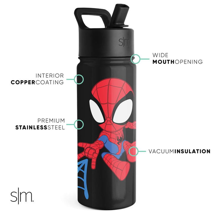 Simple Modern Spiderman Kids Water Bottle with Straw Lid | Marvel Insulated Stainless Steel Reusable Tumbler Gifts for School, Toddlers, Boys | Summit Collection | 18oz, Spidey Kid 18oz Water Bottle Marvel-Spidey Kid