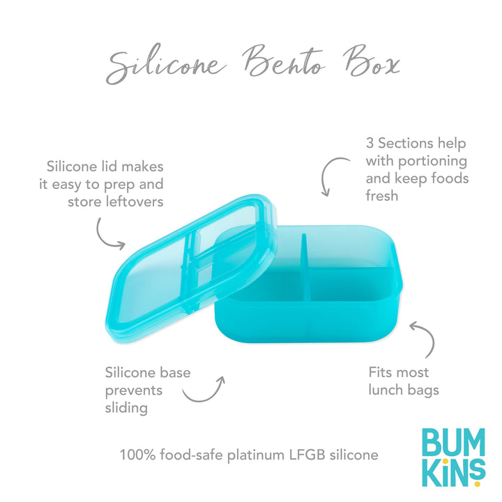 Bumkins Snack/Lunch Bento Box for Kids and Adults, 3 Compartment Container, Leak Proof Lid, for Portioning, Large Section Can Hold Sandwich, Food-Safe LFGB Platinum Silicone, Microwave-Safe, Blue Blue Jelly