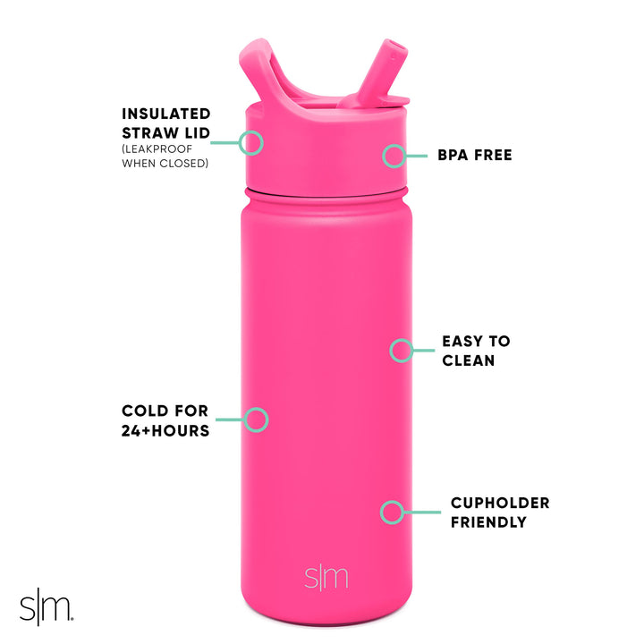 Simple Modern Kids Water Bottle with Straw Lid Vacuum Insulated Stainless Steel Metal Thermos Bottles | Reusable Leak Proof BPA-Free Flask for School | Summit Collection | 18oz, Raspberry Vibes -Raspberry Vibes