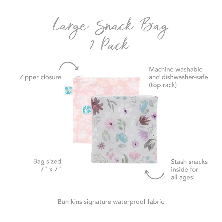 Bumkins Reusable Sandwich and Snack Bags, for Kids School Lunch and for Adults Portion, Washable Fabric, Waterproof Cloth Zip Bag, Travel Pouch, Food-Safe Storage, Large 2-pk Floral and Lace Sandwich Bag 2-pk Floral & Lace-Lg