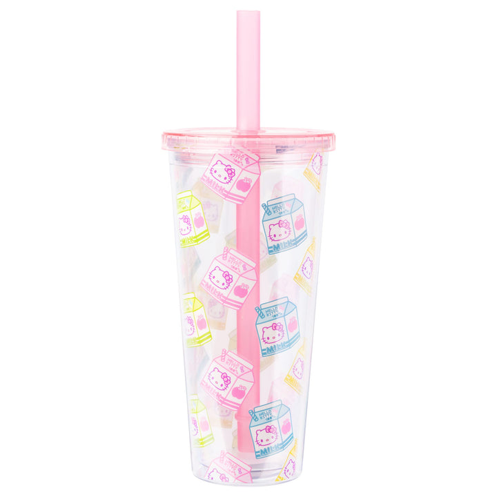 Silver Buffalo Sanrio Hello Kitty Milk Carton Pattern Plastic Boba Tumbler w Lid and Wide Straw, 24 Ounces