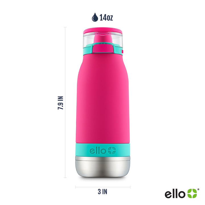 Ello Emma 14oz Vacuum Insulated Stainless Steel Kids Water Bottle with Straw and Built-in Carrying Handle and Leak-Proof Locking Lid for School Backpack, Lunchbox and Outdoor Sports Tropic Pink